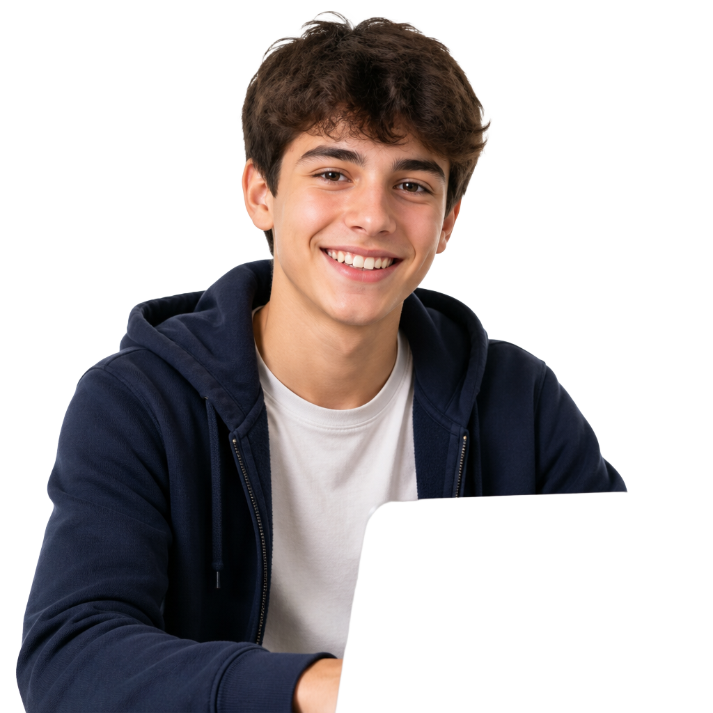 Smiling secondary school student learning with Treasure Inspiration on a laptop