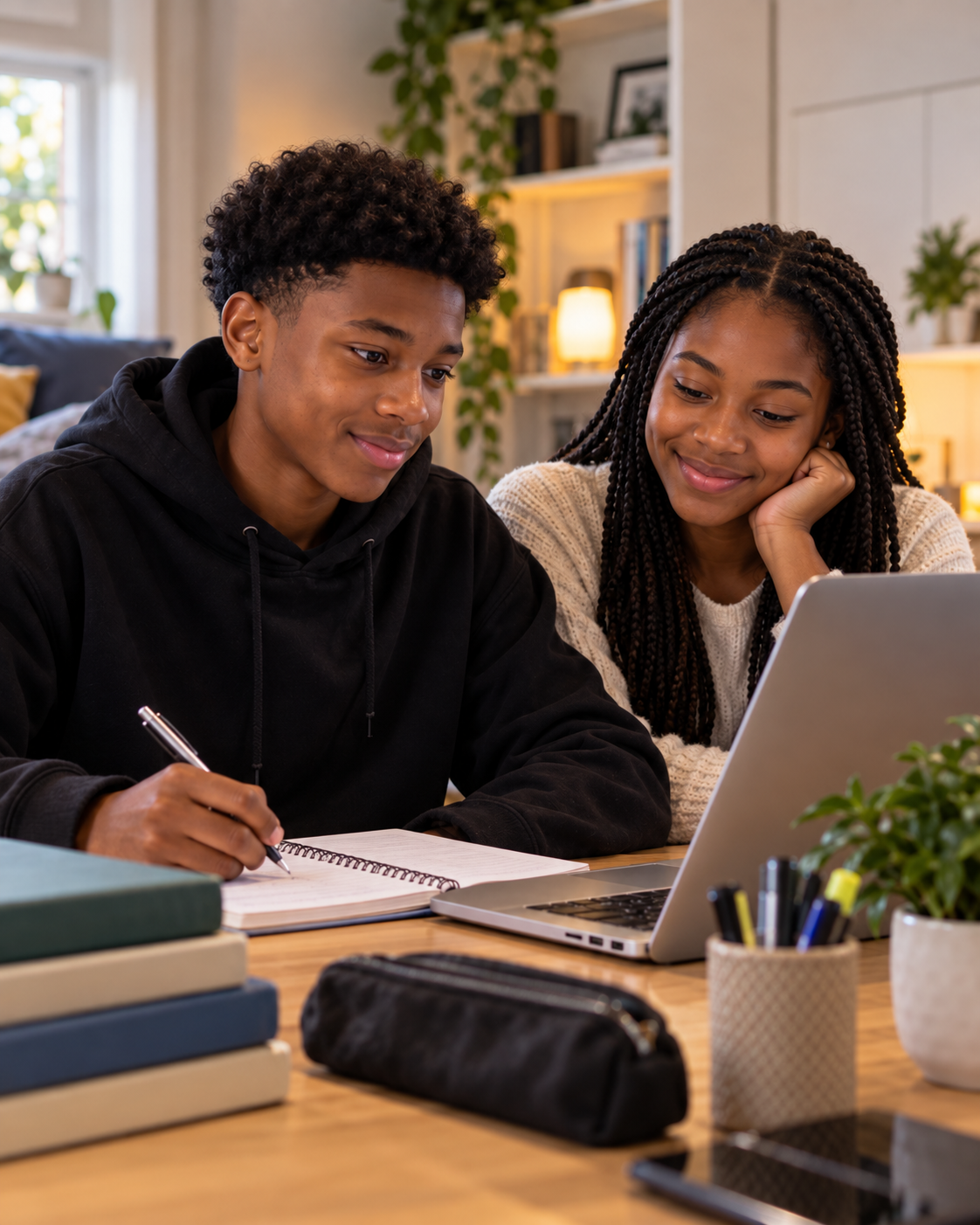 Two students revising together with a laptop and notebook