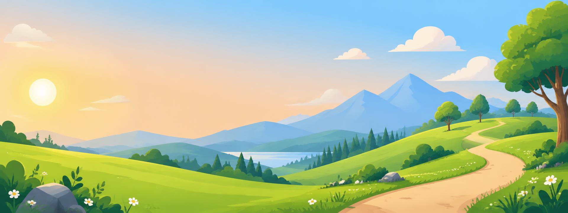 A bright countryside path leading towards green hills and mountains