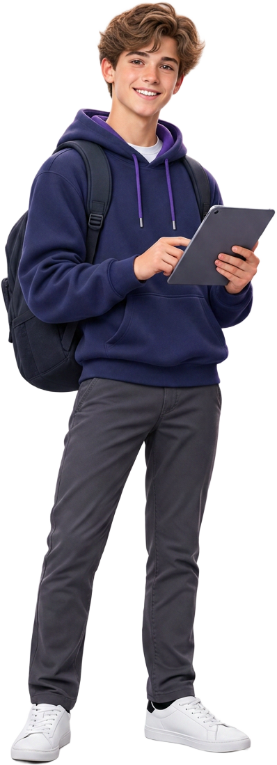 A smiling student in a navy hoodie holding a tablet