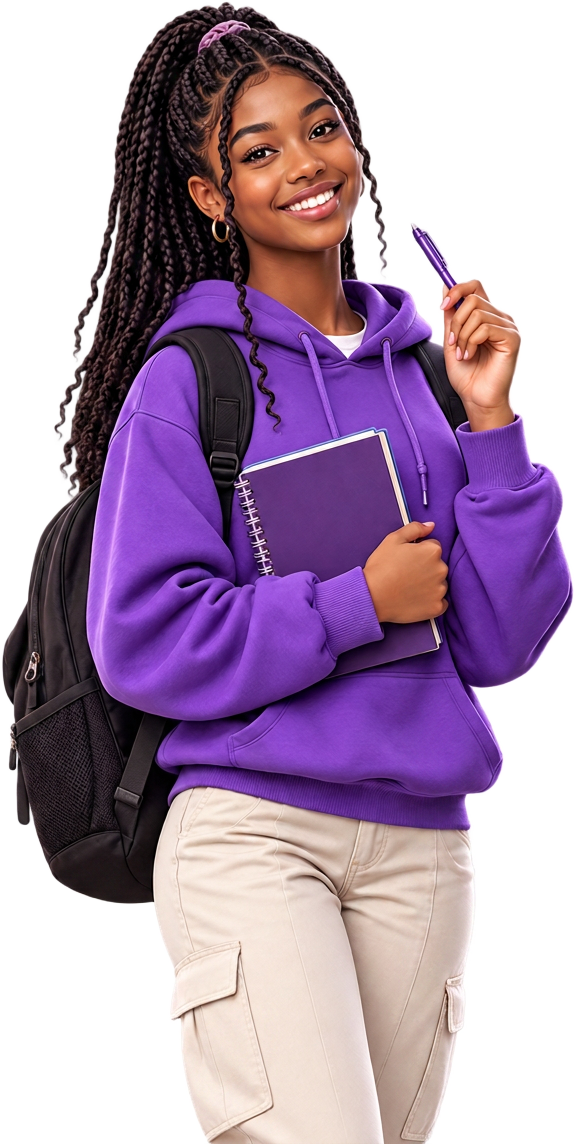 A smiling student in a purple hoodie holding a notebook