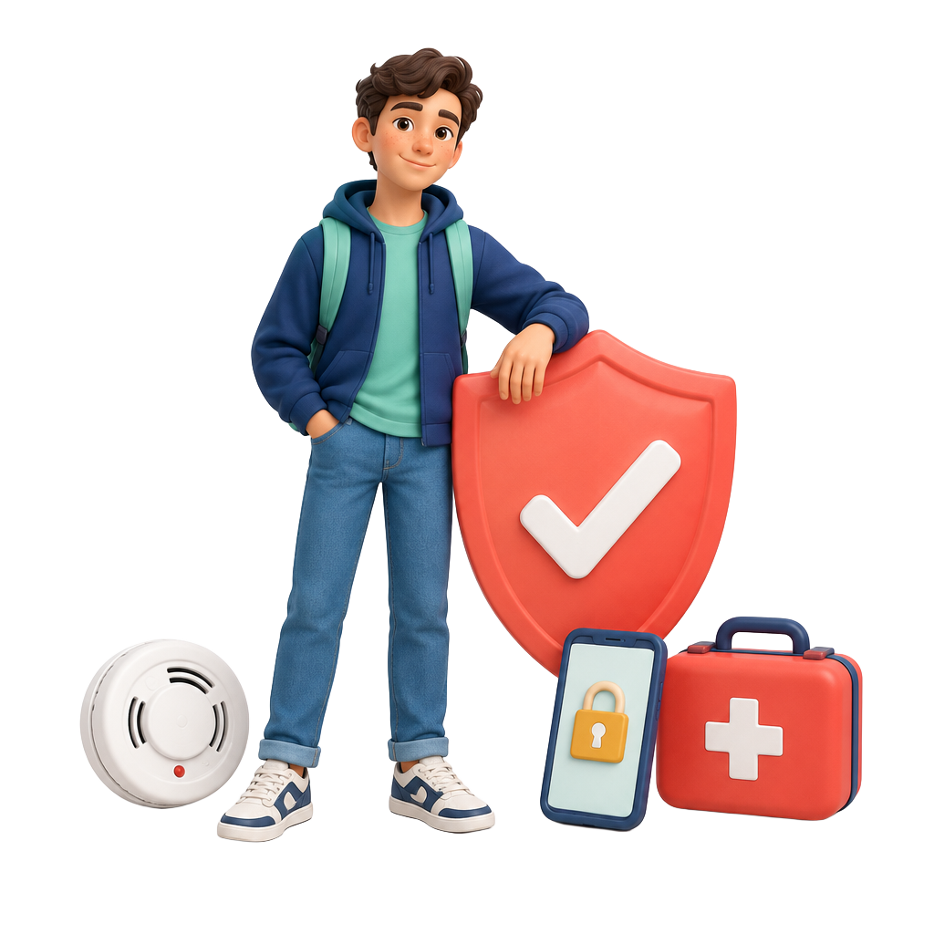 Teenage learner with a safety shield, phone lock, smoke alarm and first-aid kit